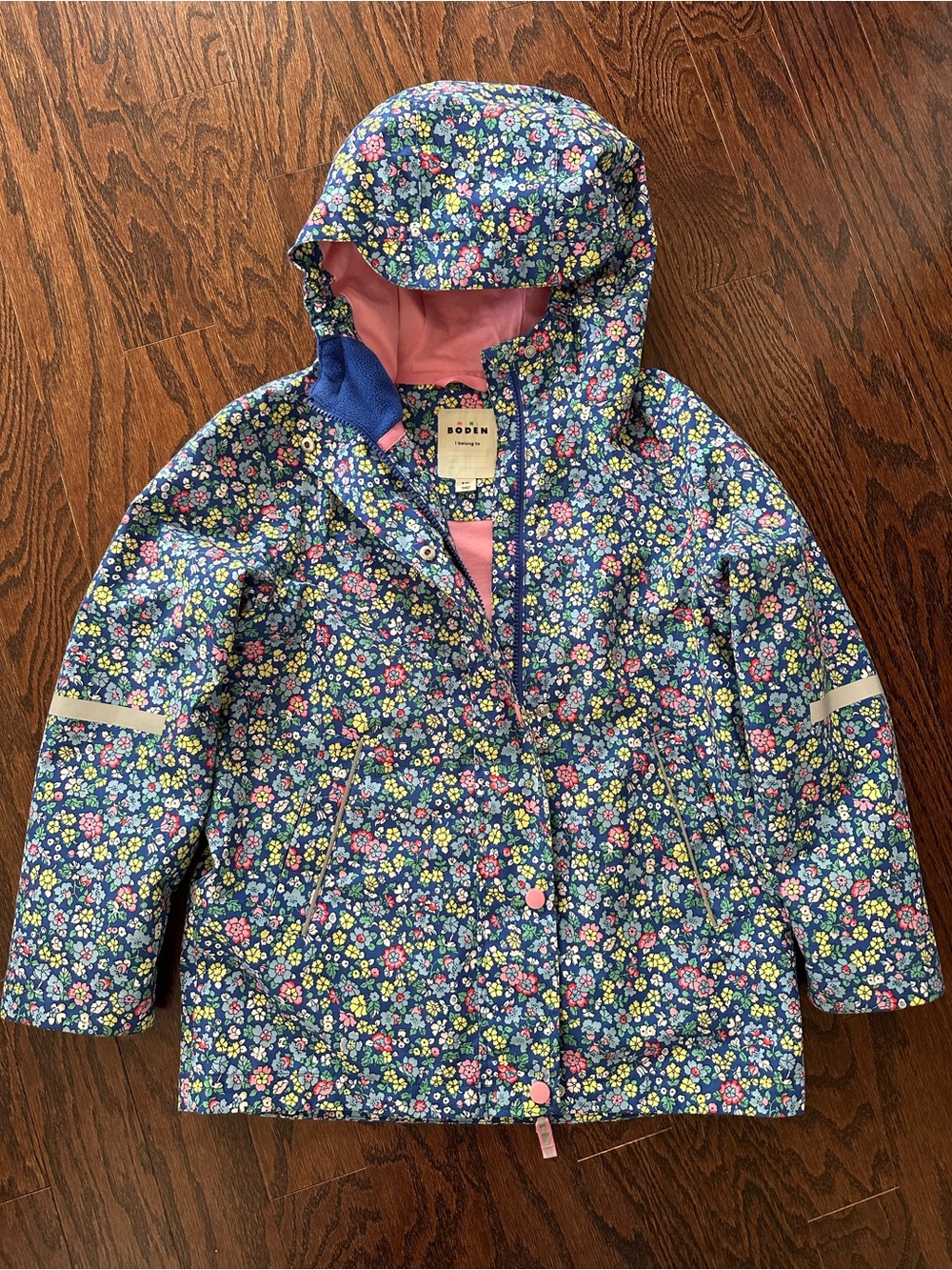Mini Boden Floral Hooded Rain Jacket for Kids - Navy Pink Multi